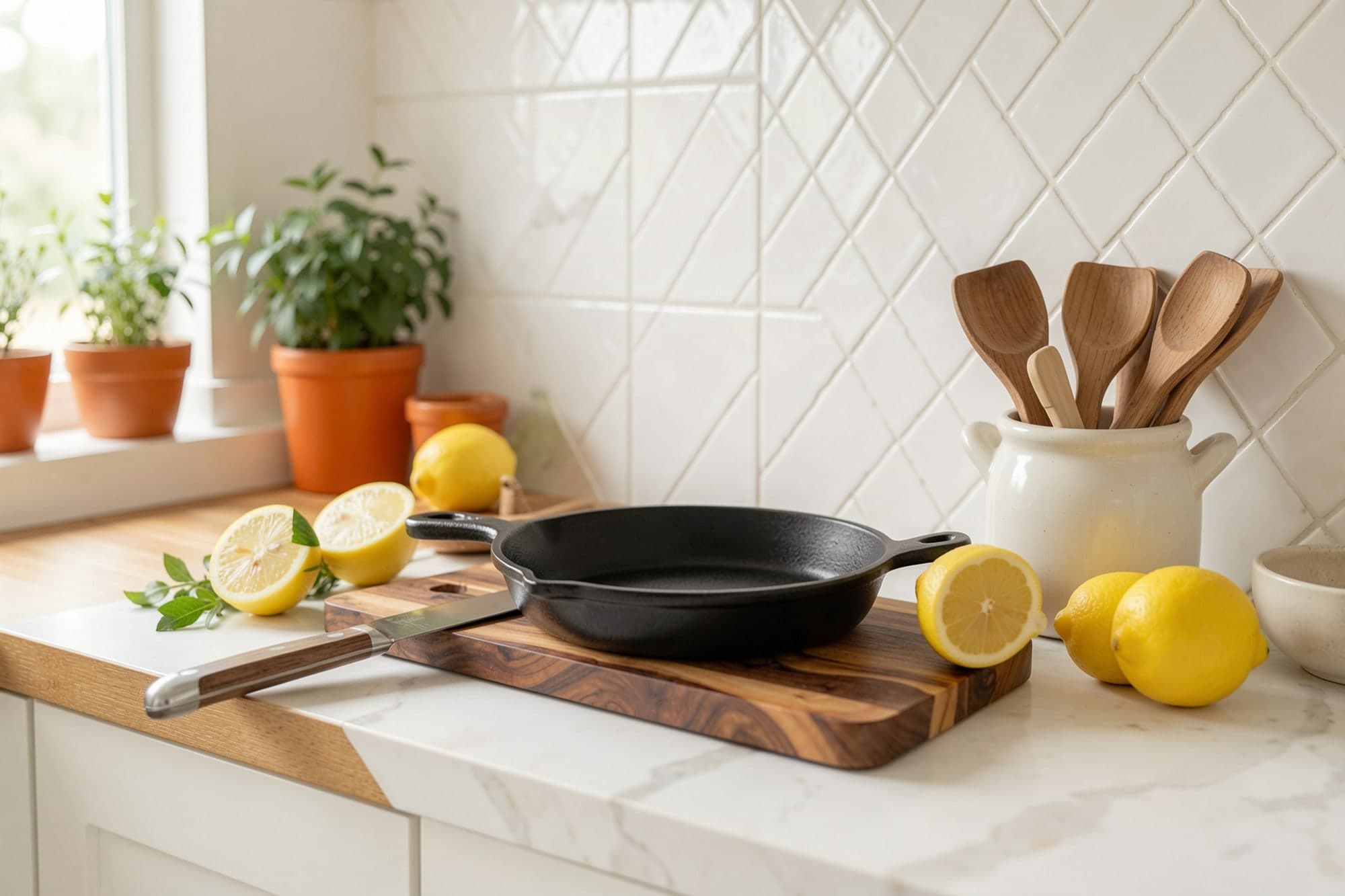 A walnut board with a chef's knife, a cast iron skillet, a crock of wooden spoons and lemons on a marble counter